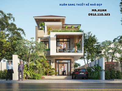 GÓC NHÌN CHÍNH DIỆN NHÀ PHỐ VỚI SÂN TRƯỚC NHÀ VÀ KIẾN TRÚC HÌNH KHỐI CÁC TẦNG