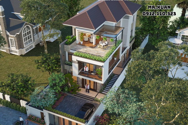 GÓC NHÌN TỪ TRÊN XUỐNG MẪU NHÀ PHỐ CÓ SÂN VÀ LỐI ĐI BÊN HÔNG NHÀ TIỆN LỢI