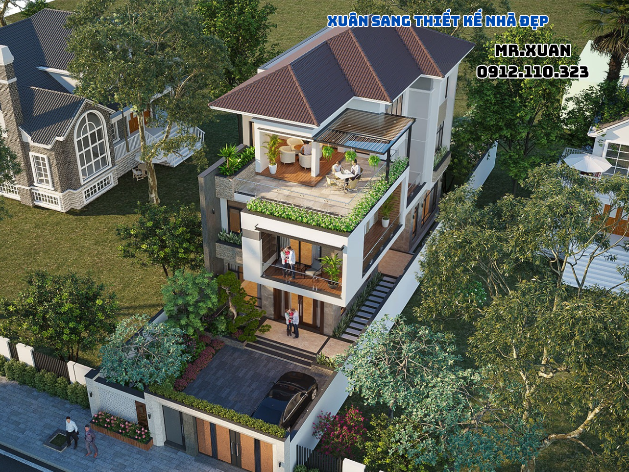 GÓC NHÌN TỪ TRÊN XUỐNG MẪU NHÀ PHỐ CÓ SÂN VÀ LỐI ĐI BÊN HÔNG NHÀ TIỆN LỢI